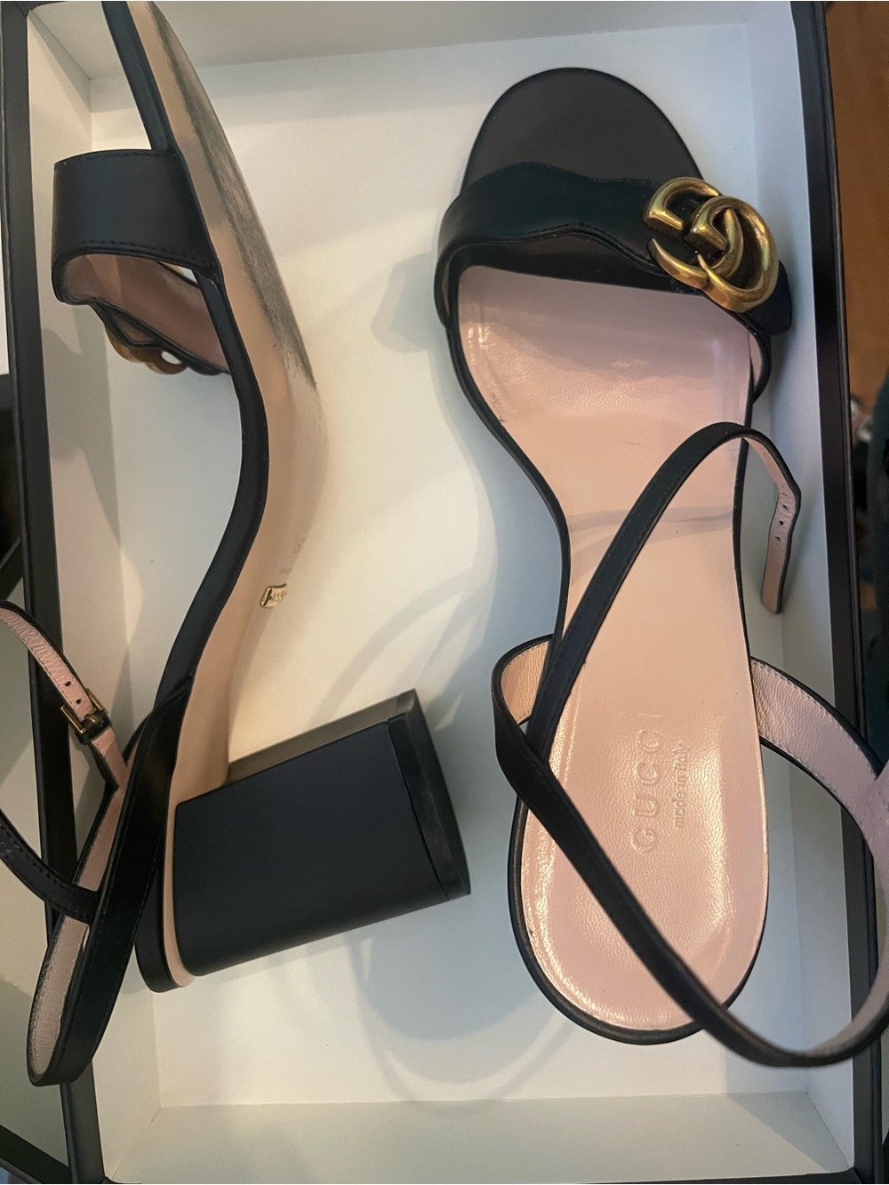 Gucci Black Leather Mid-Heel Slingback Sandals with Gold GG